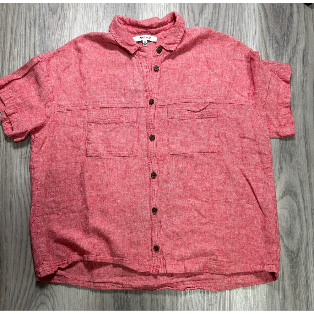 Madewell Red Linen Blend Central Shirt Short Sleeve Button Down XS Pocket Boxy